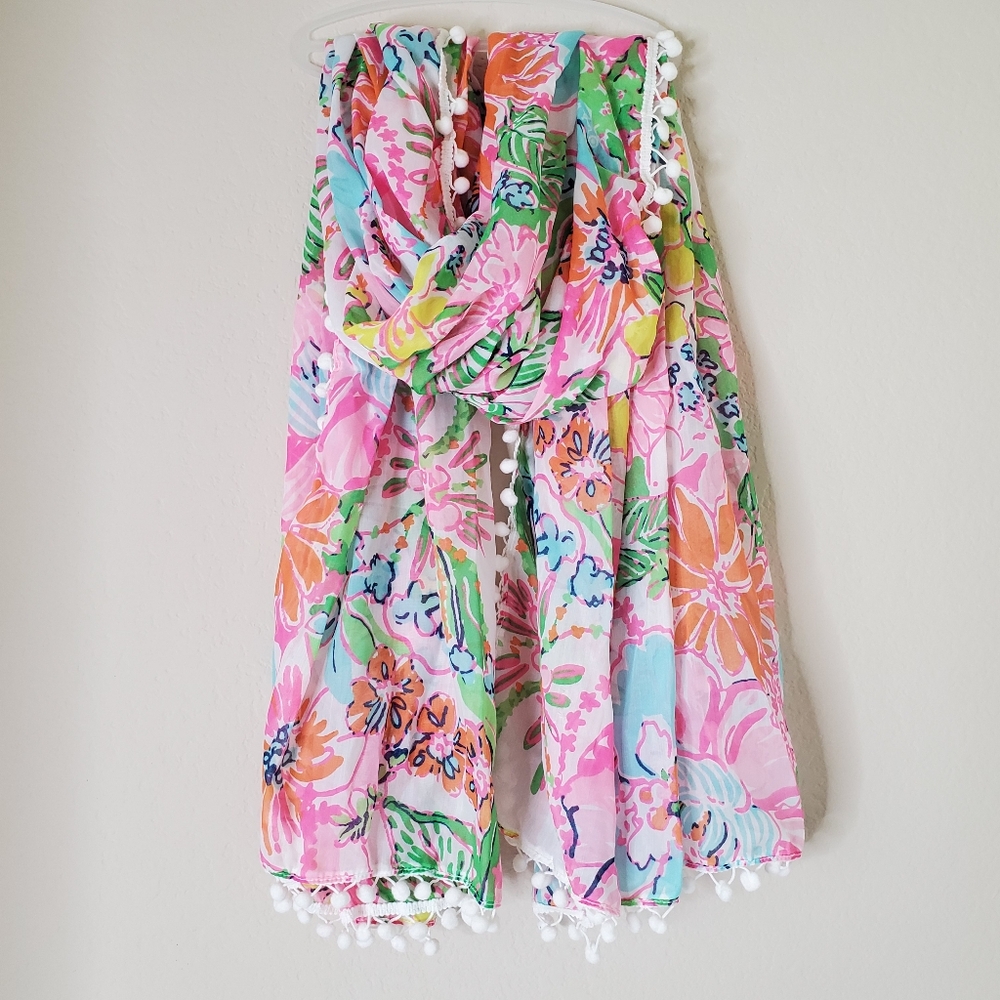 Lilly Pulitzer Floral Pom-Pom Scarf in Pink, Blue, Green, Orange